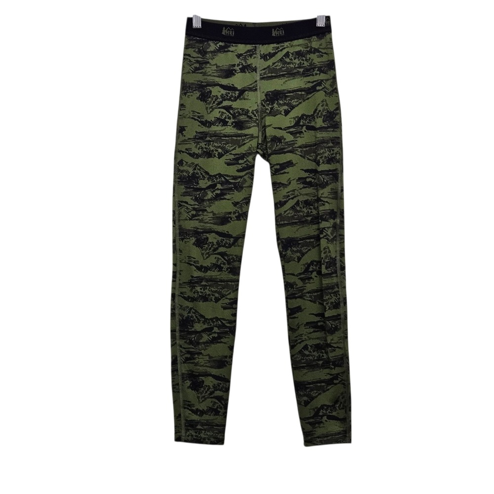 REI Co-op Base Layer Leggings Kids‎ M 10-12 Green Mountain Camo Hiking Skiing
